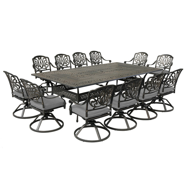 Athens 13-Piece Gun Metal Aluminum Rectangle Dining Set with 12 Cushioned Swivel Dining Chairs