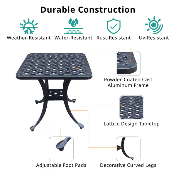 Sparta Indoor Outdoor 21" Square Cast Aluminum Standard End Table: Weather-resistant, Rust-proof, and Durable Side, Accent Table for Patio, Garden, and Lawn