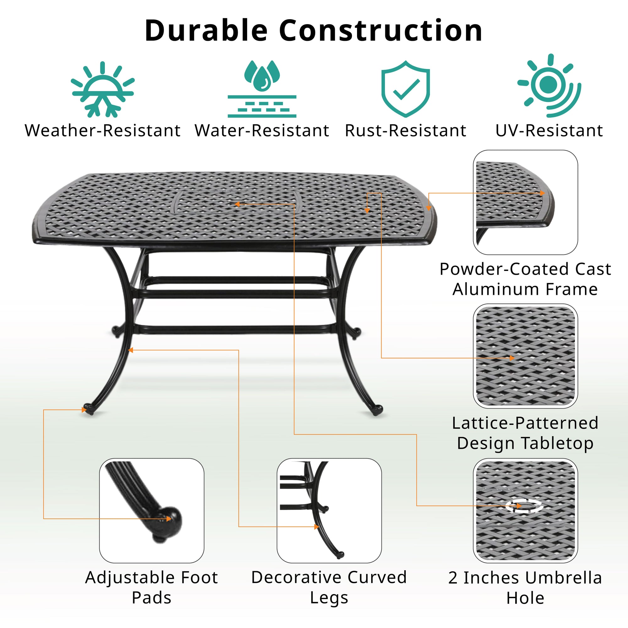 Sparta Outdoor 64" Square Aluminum Dining Table with an umbrella opening: Rust-Resistant, Durable Dining Table for Patio, Garden, and Terrace