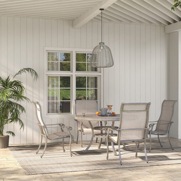 Sparta Stylish Outdoor 5-Piece Aluminum Dining Set: Weather-Resistant, Classic, Durable and Comfortable Patio Furniture Set with Sling Chairs and Round Dining Table with Umbrella Hole