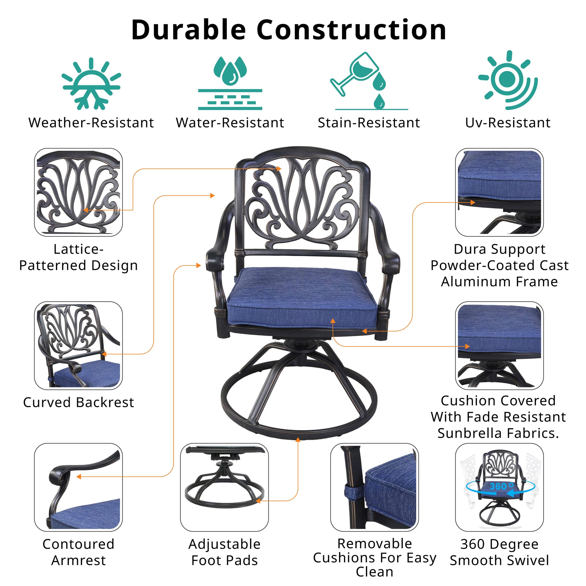 Athens Patio Swivel Rockers with Sunbrella Cushion, All-Weather, Durable, and Comfortable Outdoor Aluminum Armchairs with Cushion, Set of 2