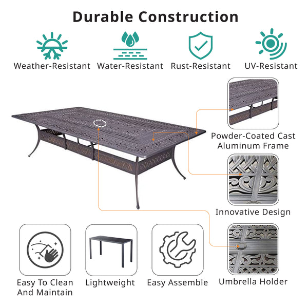 Modern Outdoor Dining Table: Athens All-Weather, Durable 60x108" Rectangular Patio Dining Table with Umbrella Hole for Patio, Garden, and Terrace