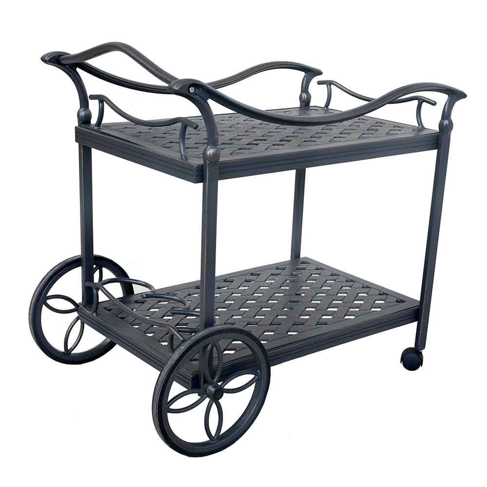 Manhattan Cast Aluminum Outdoor Indoor Patio Serving Tea Cart with Wheels: All-Weather, Durable, 2-Tier Bar Cart for Garden, Backyard, Poolside, Beaches, Cafes, Restaurants