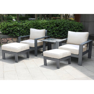 Marativa Outdoor 5-Piece Bistro Set: Weather-Resistant, Durable, Comfortable, Modern Patio Furniture Set with Cushioned Club Chairs, Ottoman and End Table for Garden, Backyard and Poolside