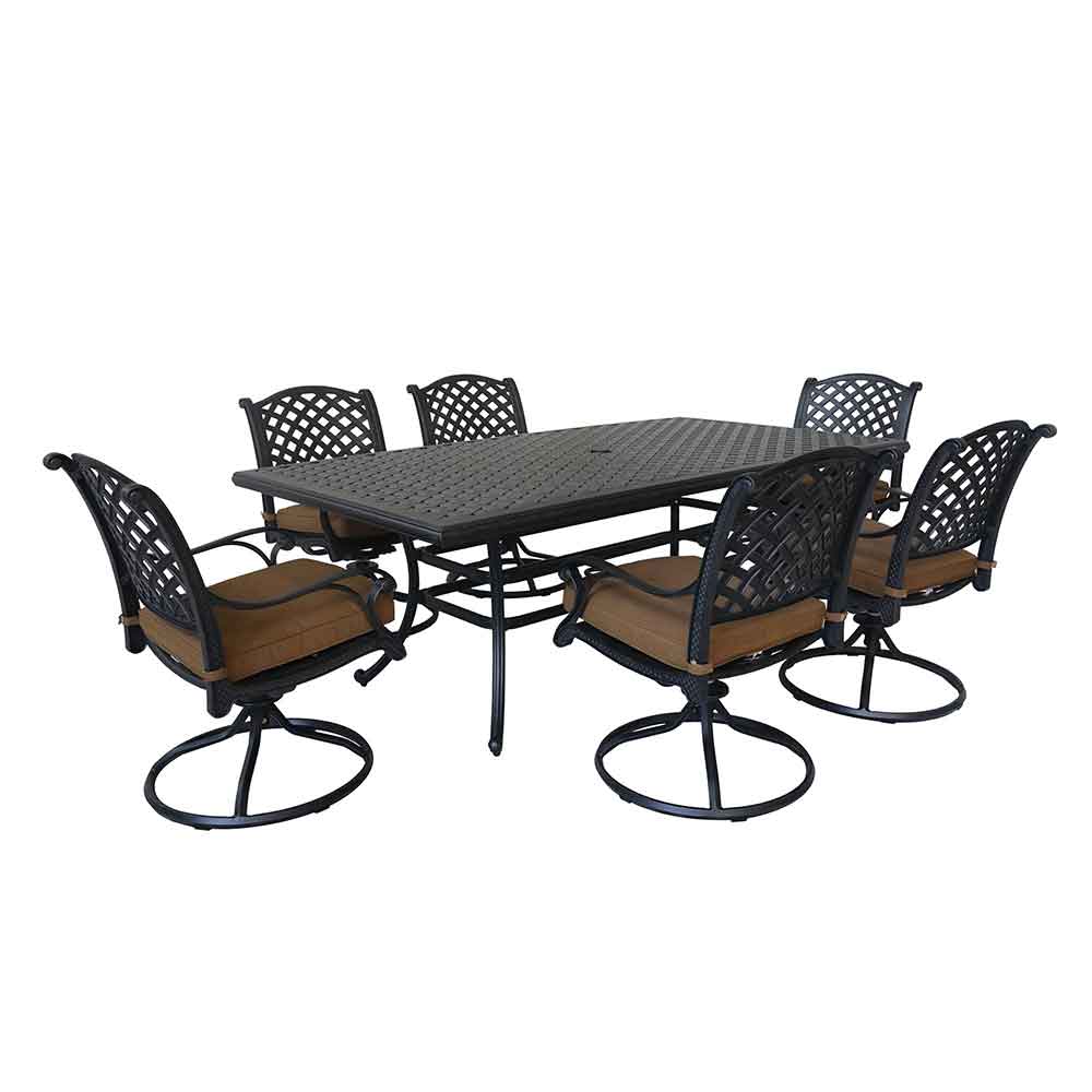 Sparta Stylish Outdoor 7-Piece Aluminum Dining Set with Cushion: Weather-Resistant, Classic, Durable and Comfortable Patio Furniture Set with Swivel rockers and Rectangle Table