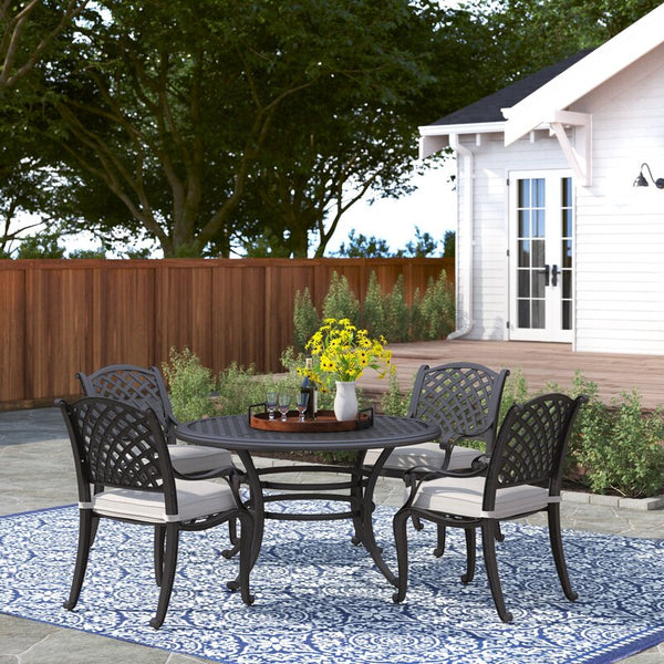 Sparta Stylish Outdoor 5-Piece Aluminum Dining Set with Cushion: Weather-Resistant, Classic, Durable and Comfortable Patio Furniture Set with Armchairs and Round Table