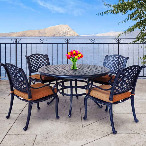 Sparta Stylish Outdoor 5-Piece Aluminum Dining Set with Cushion: Weather-Resistant, Classic, Durable and Comfortable Patio Furniture Set with Armchairs and Round Table