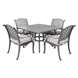 Sparta 5 Piece Aged Bronze Aluminum Square Dining Set with 4 Cushioned Arm Dining Chairs