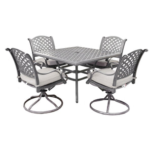 Sparta 5 Piece Aged Bronze Aluminum Square Dining Set with 4 Cushioned Swivel Dining Chairs