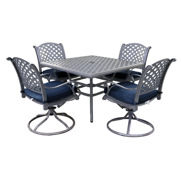 Sparta 5 Piece Aged Bronze Aluminum Square Dining Set with 4 Cushioned Swivel Dining Chairs