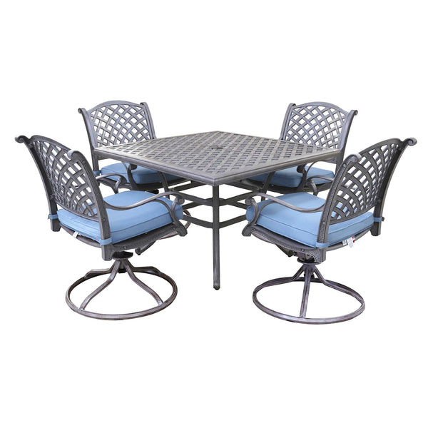 Sparta 5 Piece Aged Bronze Aluminum Square Dining Set with 4 Cushioned Swivel Dining Chairs