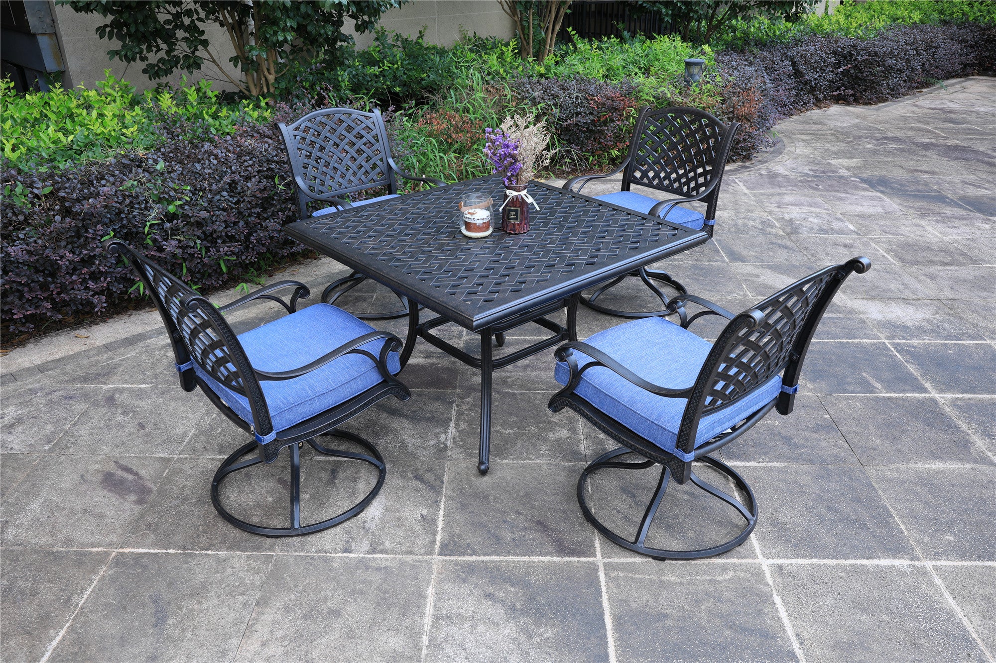 Sparta 5 Piece Aged Bronze Aluminum Square Dining Set with 4 Cushioned Swivel Dining Chairs