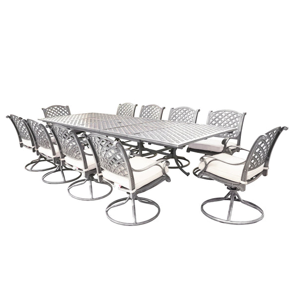 Sparta Stylish Outdoor 11-Piece Aluminum Rectangular Dining Set: Weather-Resistant, Rust-Proof and Durable Patio Furniture Set with 10 Swivel Rocker Chairs with Cushion and Extendable Table