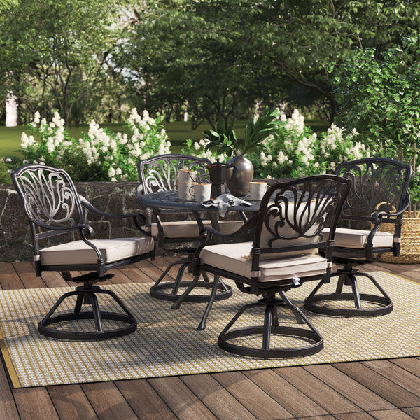 Athens 5 Piece Gun Metal Aluminum Round Dining Set with 4 Cushioned Swivel Dining Chairs