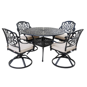 Athens 5 Piece Gun Metal Aluminum Round Dining Set with 4 Cushioned Swivel Dining Chairs