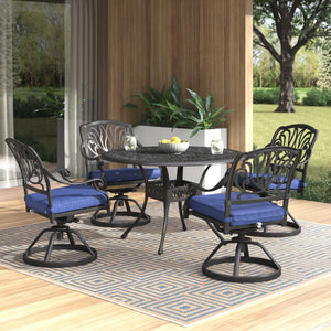 Athens 5 Piece Gun Metal Aluminum Round Dining Set with 4 Cushioned Swivel Dining Chairs