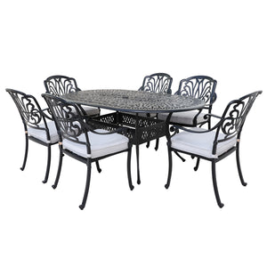 Athens 7-Piece Gun Metal Aluminum Oval Dining Set with 6 Cushioned Arm Dining Chairs