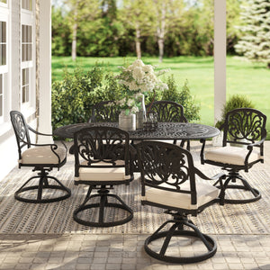 Athens 7-Piece Dessert Night Aluminum Oval Dining Set with 6 Cushioned Swivel Dining Chairs