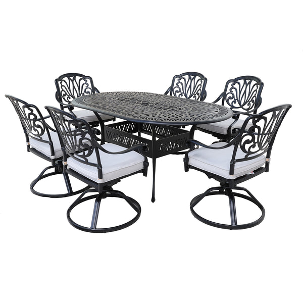 Athens 7-Piece Dessert Night Aluminum Oval Dining Set with 6 Cushioned Swivel Dining Chairs