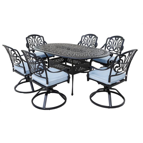 Athens 7-Piece Dessert Night Aluminum Oval Dining Set with 6 Cushioned Swivel Dining Chairs