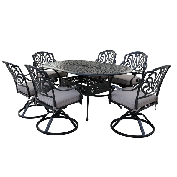 Athens 7-Piece Dessert Night Aluminum Oval Dining Set with 6 Cushioned Swivel Dining Chairs