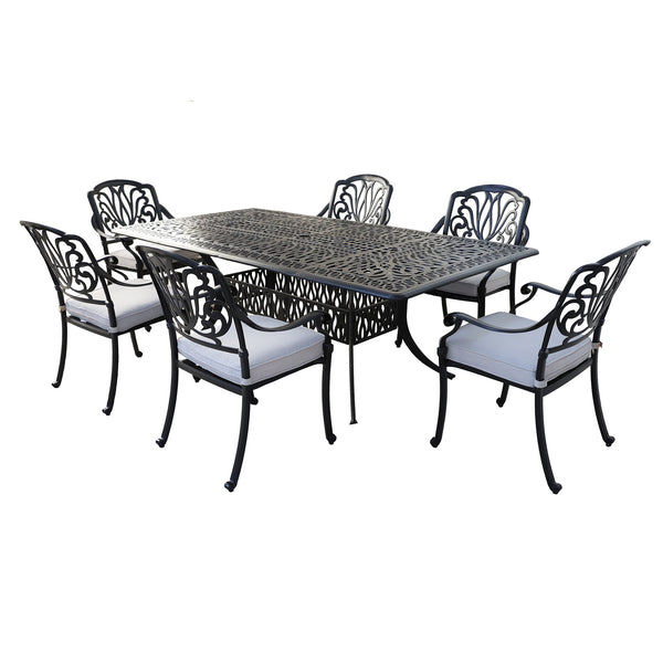 Athens 7-Piece Gun Metal Aluminum Rectangle Dining Set with 6 Cushioned Arm Dining Chairs