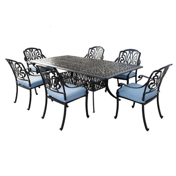 Athens 7-Piece Gun Metal Aluminum Rectangle Dining Set with 6 Cushioned Arm Dining Chairs