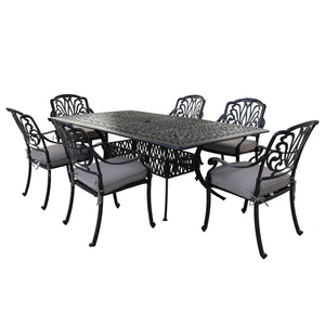 Athens 7-Piece Gun Metal Aluminum Rectangle Dining Set with 6 Cushioned Arm Dining Chairs