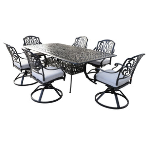 Athens 7-Piece Gun Metal Aluminum Rectangle Dining Set with 6 Cushioned Swivel Dining Chairs