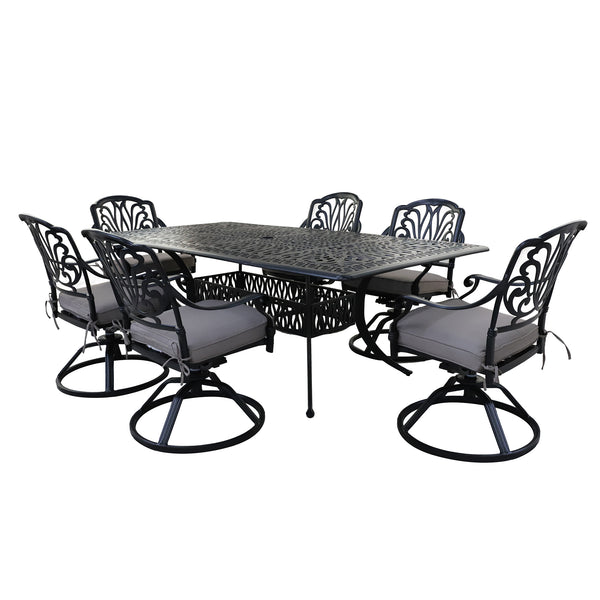 Athens 7-Piece Gun Metal Aluminum Rectangle Dining Set with 6 Cushioned Swivel Dining Chairs