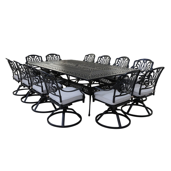 Athens 13-Piece Gun Metal Aluminum Rectangle Dining Set with 12 Cushioned Swivel Dining Chairs