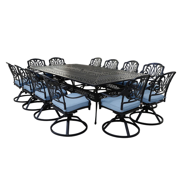 Athens 13-Piece Gun Metal Aluminum Rectangle Dining Set with 12 Cushioned Swivel Dining Chairs