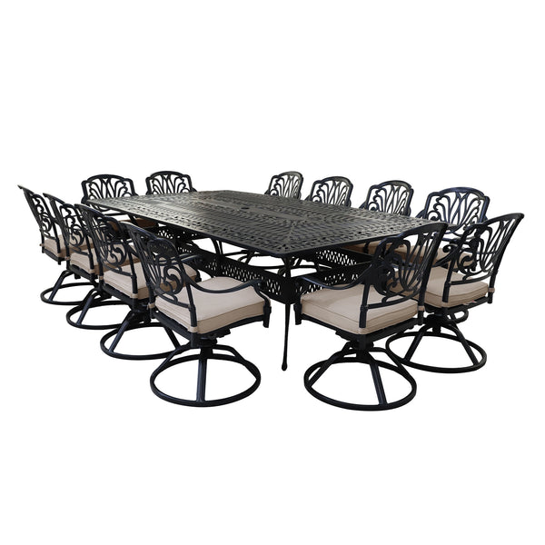 Athens 13-Piece Gun Metal Aluminum Rectangle Dining Set with 12 Cushioned Swivel Dining Chairs