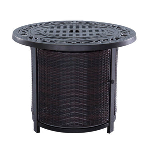 Emberly Outdoor Cast Aluminum 30" Round Firepit Table in Wicker Base - Durable and Modern Patio Firepit Table with Lid and Glass Firebeads for Outdoor Heating and Entertainment